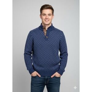 Men's Blue Birdseye Cashmere Buttons Mock‎ Neck Pullover Sweater Knit Size S?